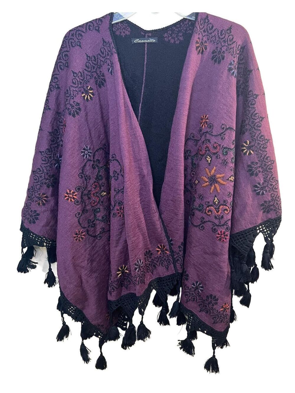 Caamaño 100% Alpaca Ruana Purple Embroidered Poncho Shawl Tassel Fringe Peru M